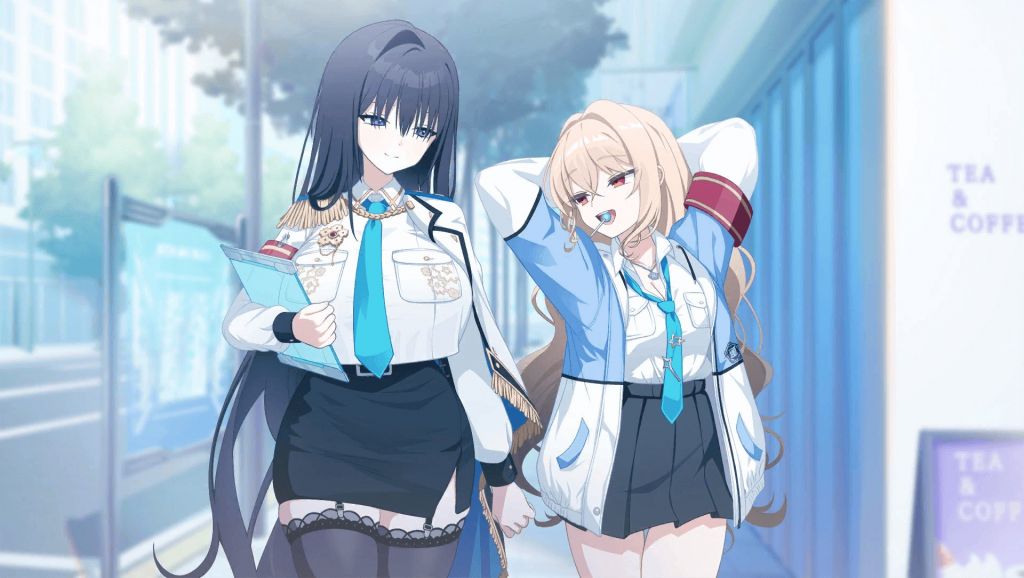 2girls, armband, arms_behind_head, arms_up, artist_request, black_hair, black_skirt, black_thighhighs