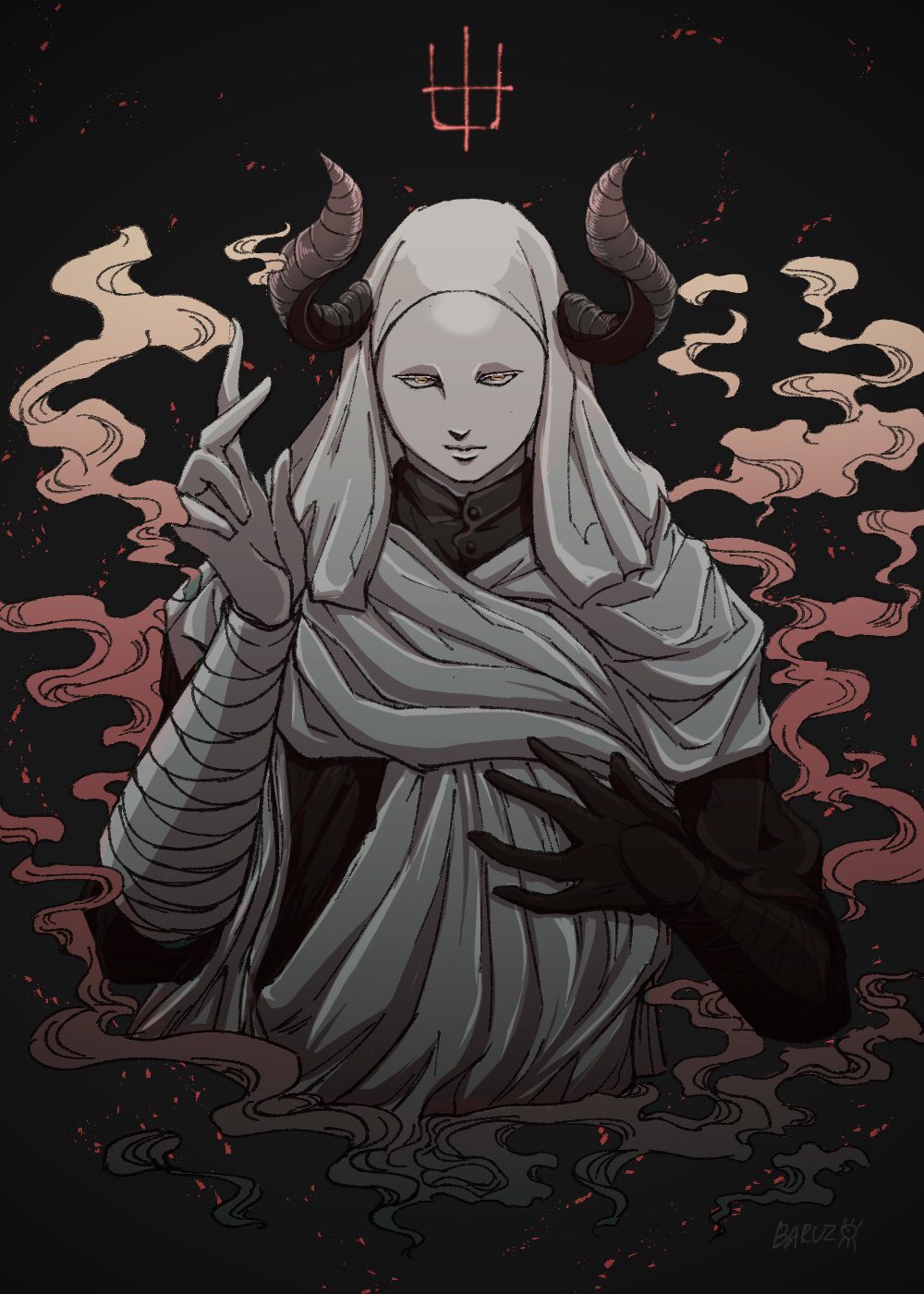 1boy, black_background, colored_eyelashes, commentary_request, cowl, elden_ring, gloves, half-closed_eyes, hand_on_own_chest, hand_up, highres, horns, horrorjinkaku, kuji-in, mask, polearm, sigil, signature, trident, weapon, white-faced_varre, white_eyelashes, white_mask, wrist_wrap, xiangyun, yellow_eyes