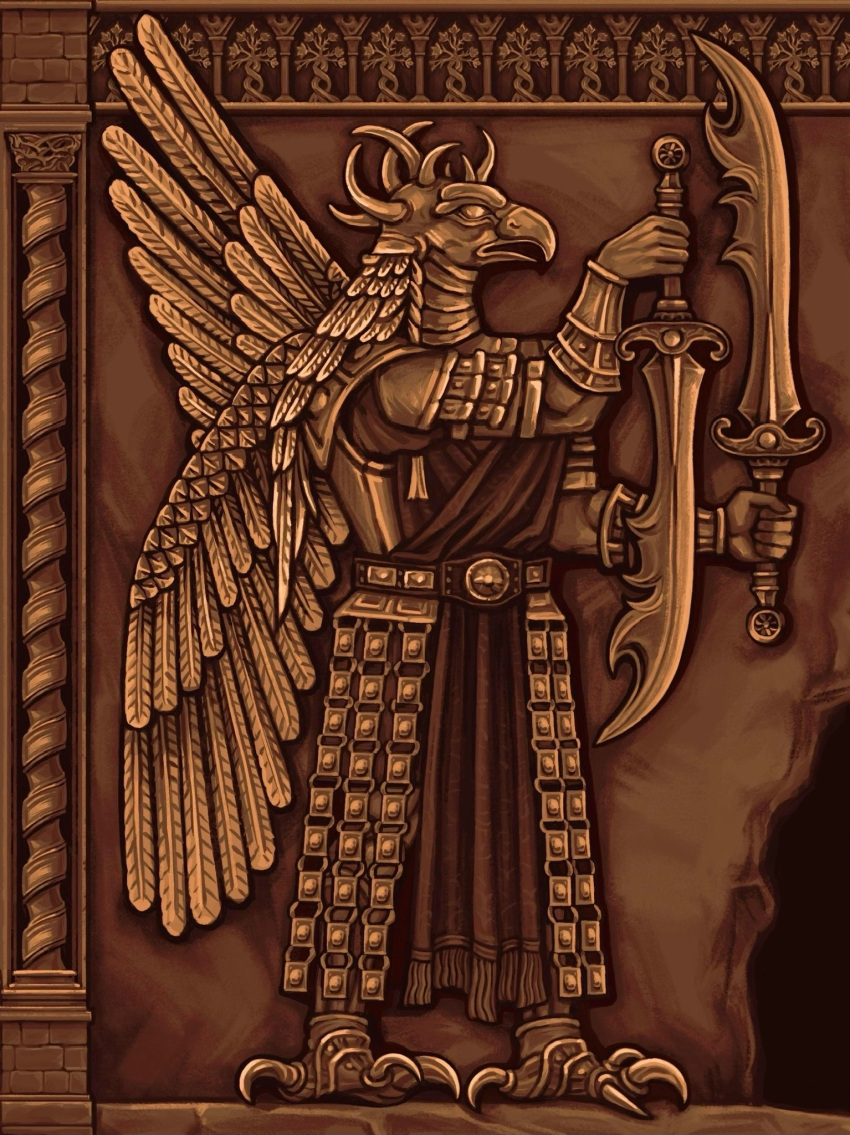 1boy, animal_head, armor, assyria, asymmetrical_horns, beak, blasphemousclaw, border, claws, divine_beast_warrior_(elden_ring), dual_wielding, elden_ring, elden_ring:_shadow_of_the_erdtree, feathers, highres, holding, holding_sword, holding_weapon, horns, mask, mismatched_horns, multiple_swords, ornate_border, parody, pelvic_curtain, robe, solo, standing, sword, talons, tunic, weapon