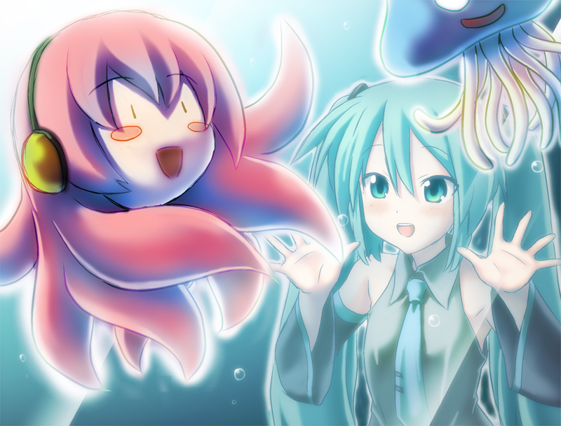 aqua_eyes, aqua_hair, aquarium, blush_stickers, detached_sleeves, dragon_quest, funen_gomi, hatsune_miku