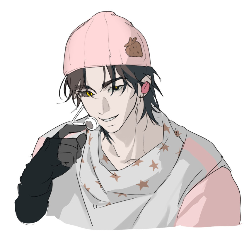 1boy, black_eyes, black_gloves, black_hair, black_sclera, cheat_(guardians_of_the_videogame), close-up, colored_sclera, earpiece, eyebrow_cut, food-themed_hair_ornament, gloves, grin, guardians_of_the_videogame, hair_ornament, hair_slicked_back, hat, headset, heterochromia, highres, looking_at_viewer, male_focus, manua1s, mullet, open_mouth, pink_hat, pink_shirt, portrait, scarf, shirt, short_hair, simple_background, sketch, slit_pupils, smile, solo, spiky_hair, star_(symbol), star_print, strawberry_hair_ornament, upper_body, white_background, white_shirt, yellow_eyes