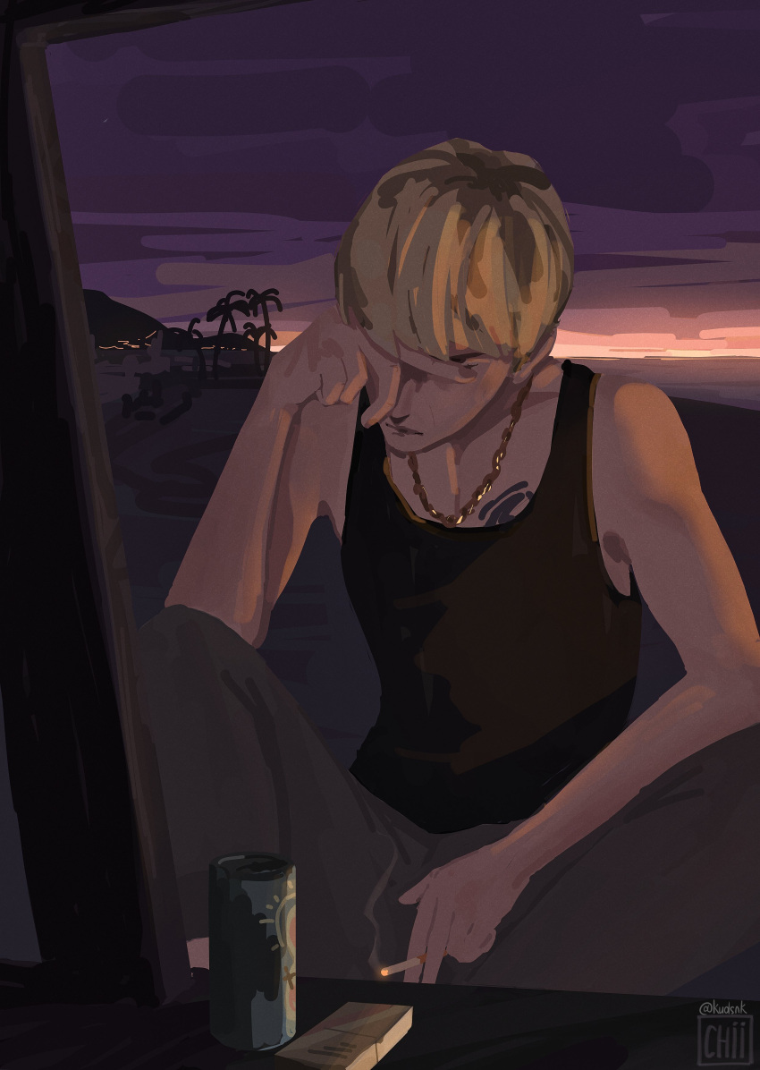 absurdres, beach, blonde_hair, candle, chain, chain_necklace, cigarette, commentary