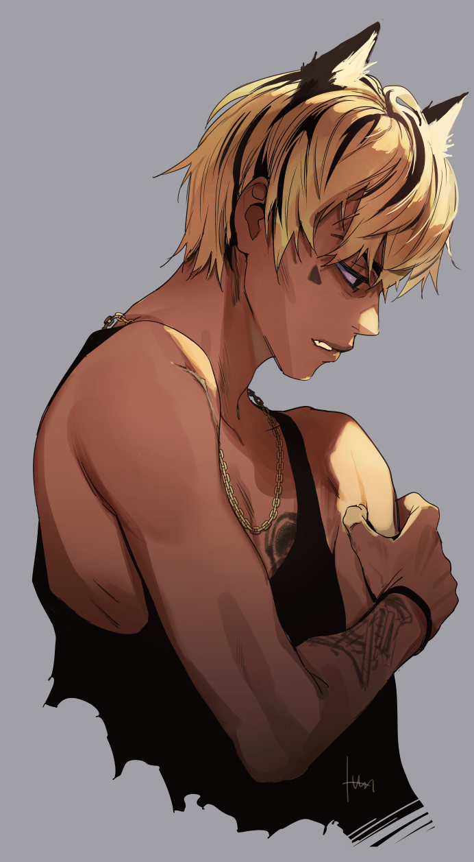 blonde_hair, chain, chain_necklace, commentary, copyright_request, daniel_diaz, dyed_hair, english_commentary