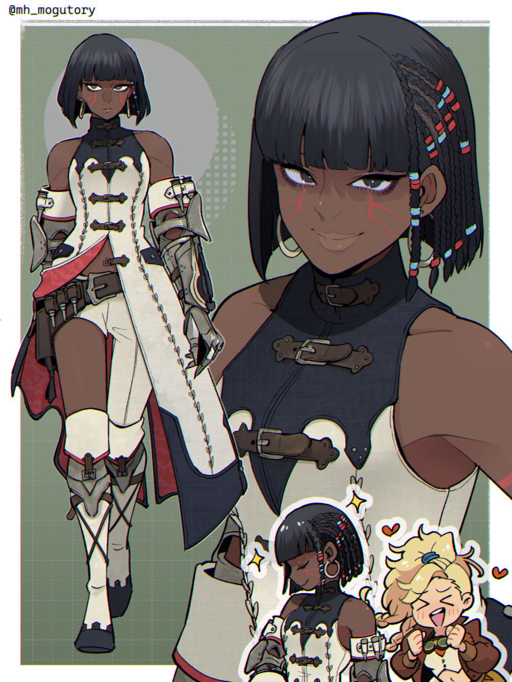 2girls, asymmetrical_hair, bare_shoulders, belt, black_hair, blonde_hair, blush, bob_cut