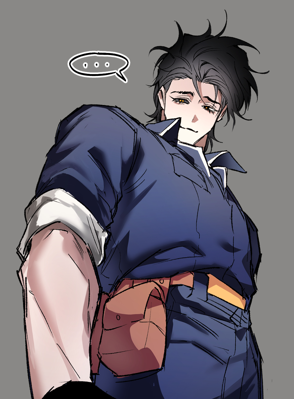 ..., 1boy, belt, belt_pouch, black_eyes, black_hair, black_sclera, blue_jacket