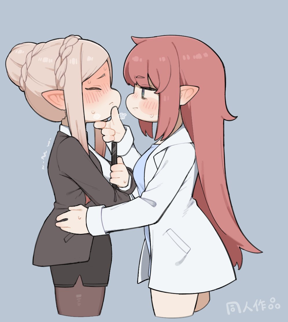 2girls, amelia_(trickcal), blonde_hair, blush, commentary_request, elena_(trickcal), embarrassed, grey_background