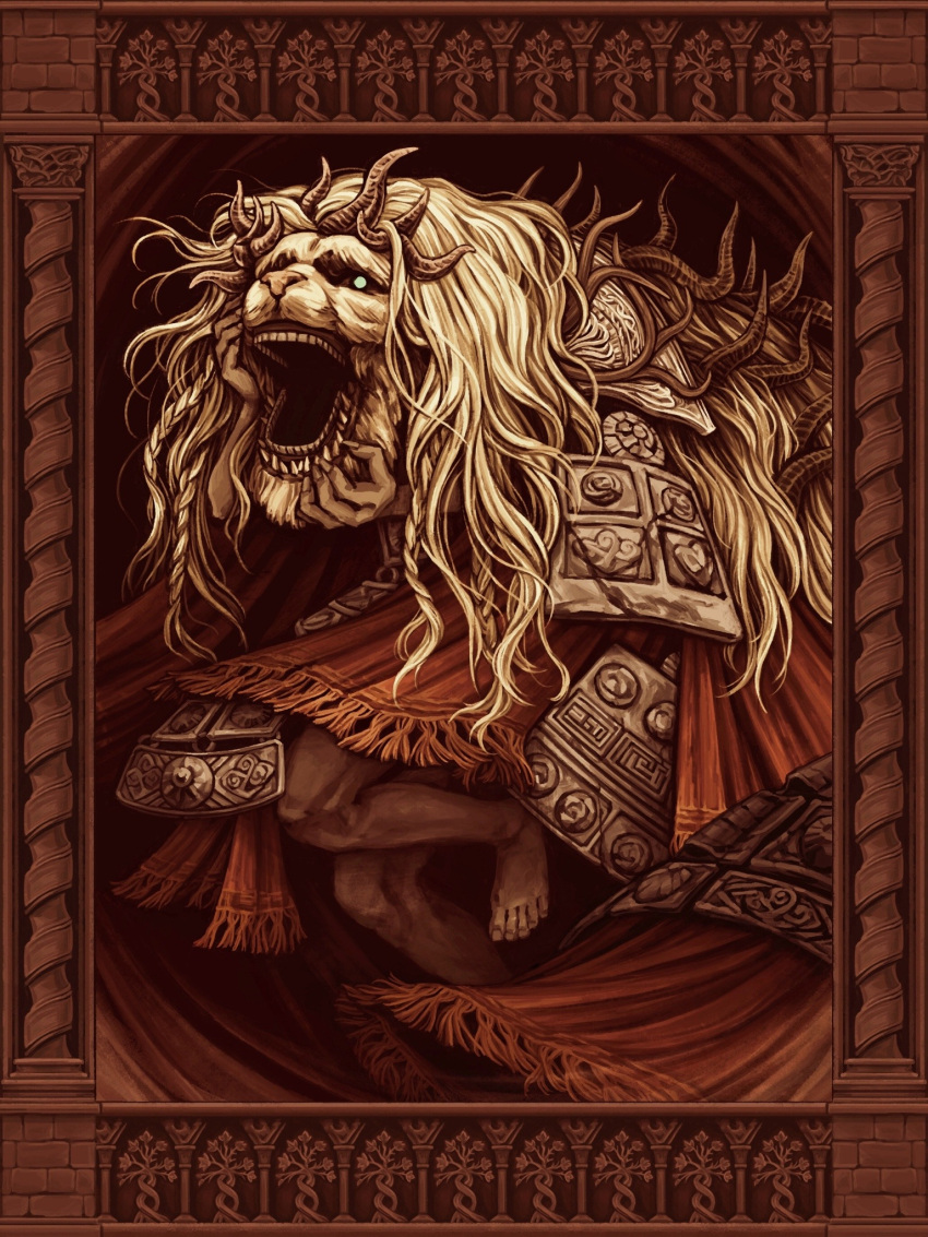 1other, armor, asymmetrical_horns, blasphemousclaw, border, braid, commentary, divine_beast_dancing_lion