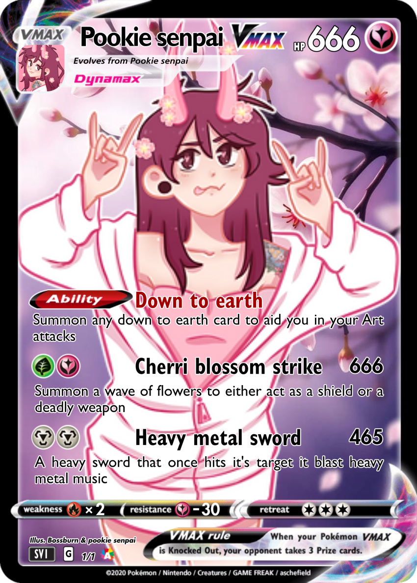 1girl, :3, crop_top, demon_girl, demon_horns, earrings, flower_hair_ornament, flower_tattoo