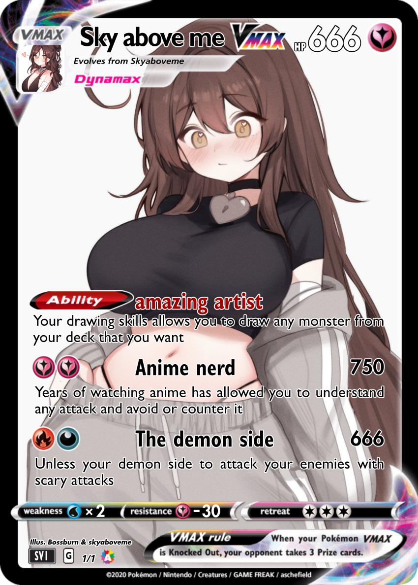 1girl, belly, black_shirt, brown_hair, choker, chubby_body, crop_top, heart_choker