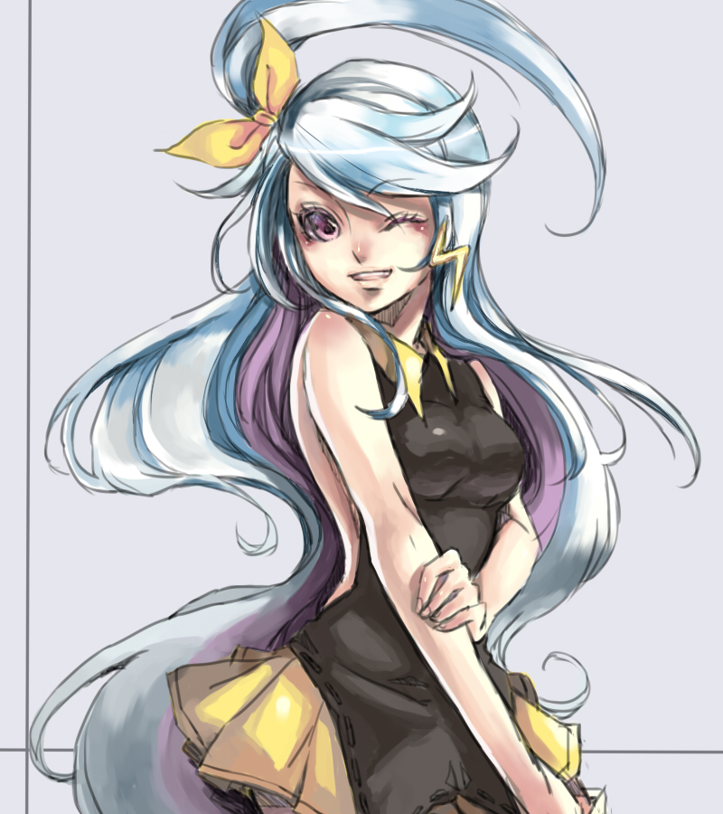 blue_hair, character_request, copyright_request, eyelashes, liang, purple_hair, side_ponytail, simple_background
