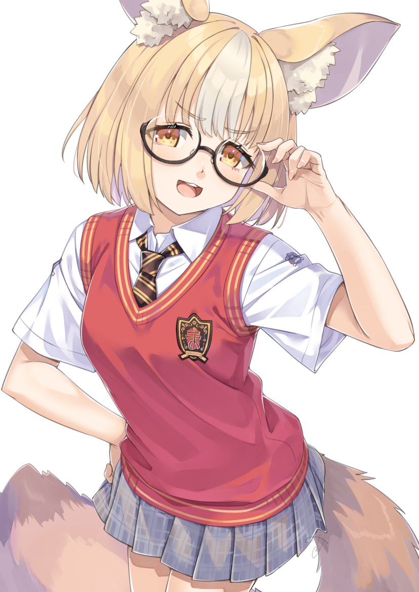1girl, :d, adjusting_eyewear, amemochi_nina, animal_ear_fluff, animal_ears, black-framed_eyewear, blonde_hair