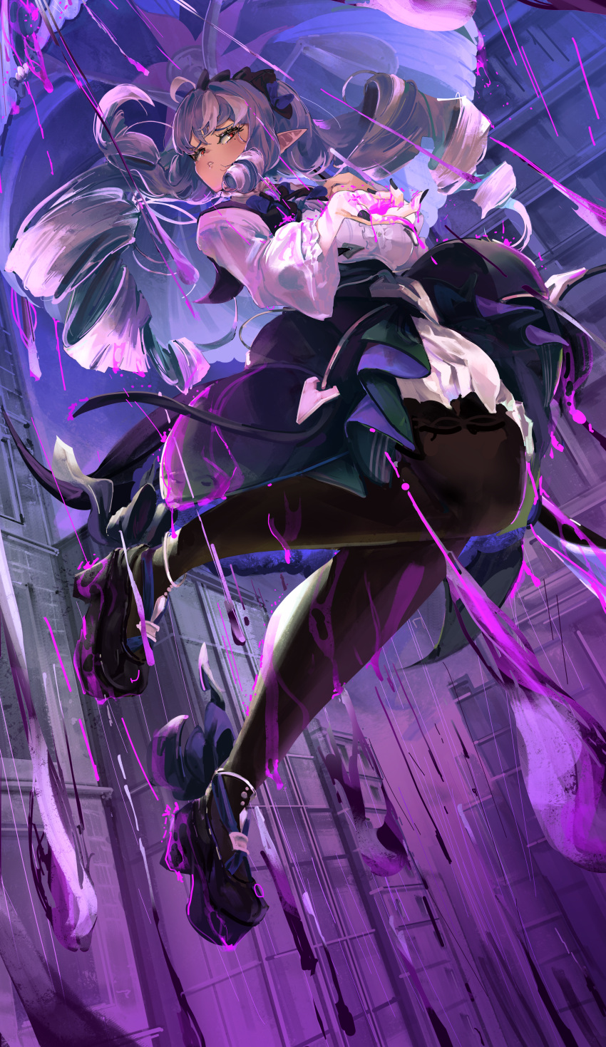 1girl, absurdres, ahoge, ascot, black_nails, black_pantyhose, bow, bowtie, commentary_request, drill_hair, from_below, gem, hairband, highres, holding, holding_umbrella, long_hair, long_sleeves, mole, mole_under_eye, multicolored_hair, pantyhose, patterned_legwear, pointy_ears, purple_ascot, purple_bow, purple_bowtie, purple_gem, purple_hair, purple_hairband, purple_umbrella, red_eyes, shirt, shrug_(clothing), solo, streaked_hair, t1tsu_kyun, umbrella, vivian_banshee, white_shrug, zenless_zone_zero