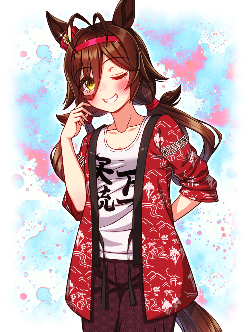 1girl, animal_ears, antenna_hair, blush, breasts, brown_eyes, brown_hair, casual, collarbone, commentary_request, grin, hair_between_eyes, hairband, highres, horse_ears, horse_girl, horse_tail, jacket, long_hair, looking_at_viewer, low_twintails, no_reason_(casual)_(umamusume), no_reason_(umamusume), one_eye_closed, open_mouth, red_hairband, red_happi, shirt, shorts, smile, solo, sugimotty_nova, tail, teeth, twintails, umamusume, white_shirt