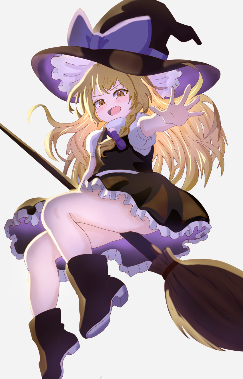 1girl, absurdres, black_boots, black_hat, black_skirt, black_vest, blonde_hair, boots