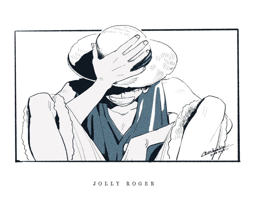 1boy, adjusting_clothes, adjusting_headwear, artist_name, bare_shoulders, black_border, border, chibi_ake