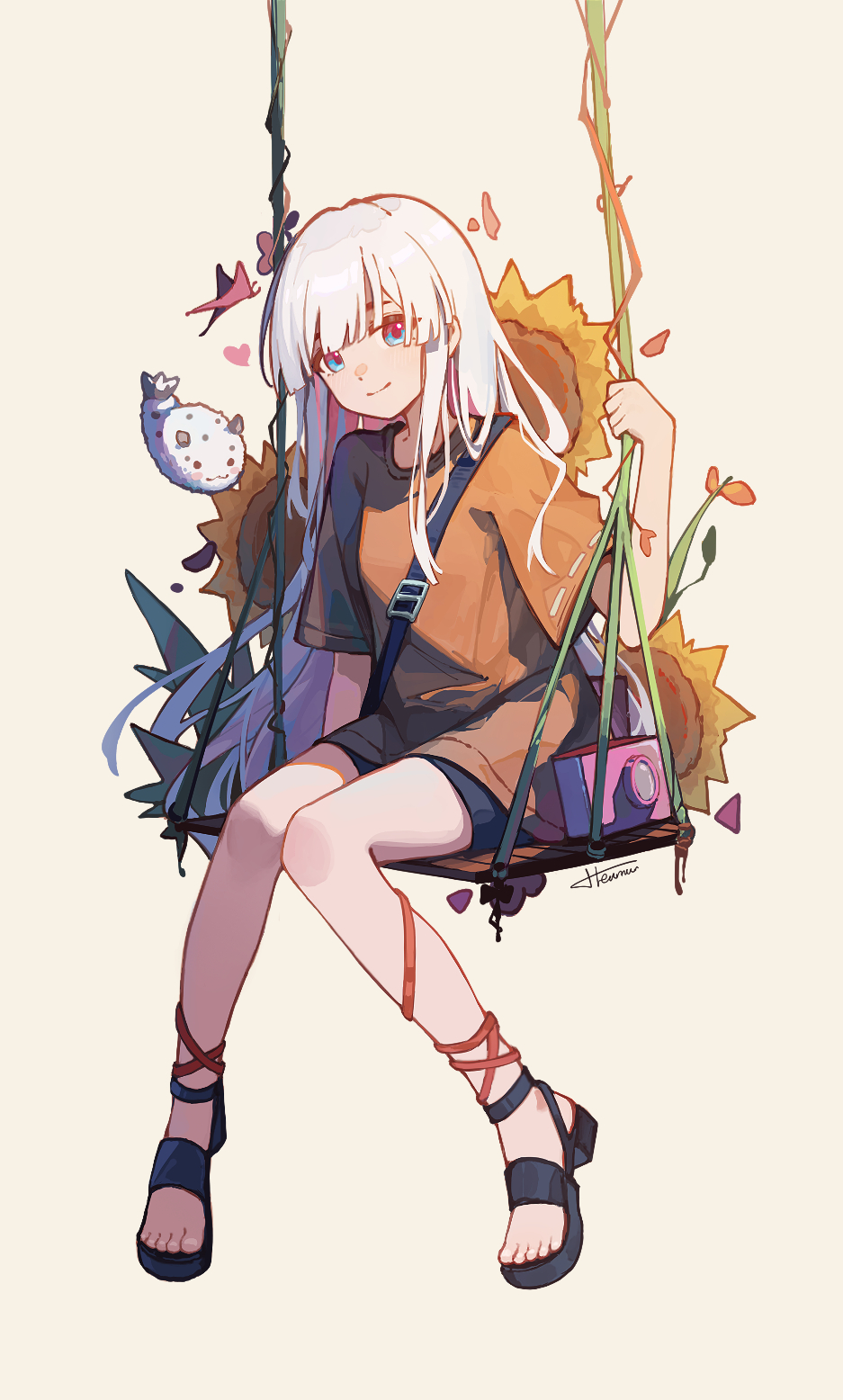 1girl, blue_eyes, bug, butterfly, camera, chinese_commentary, cho_kaguya-hime!, commentary_request