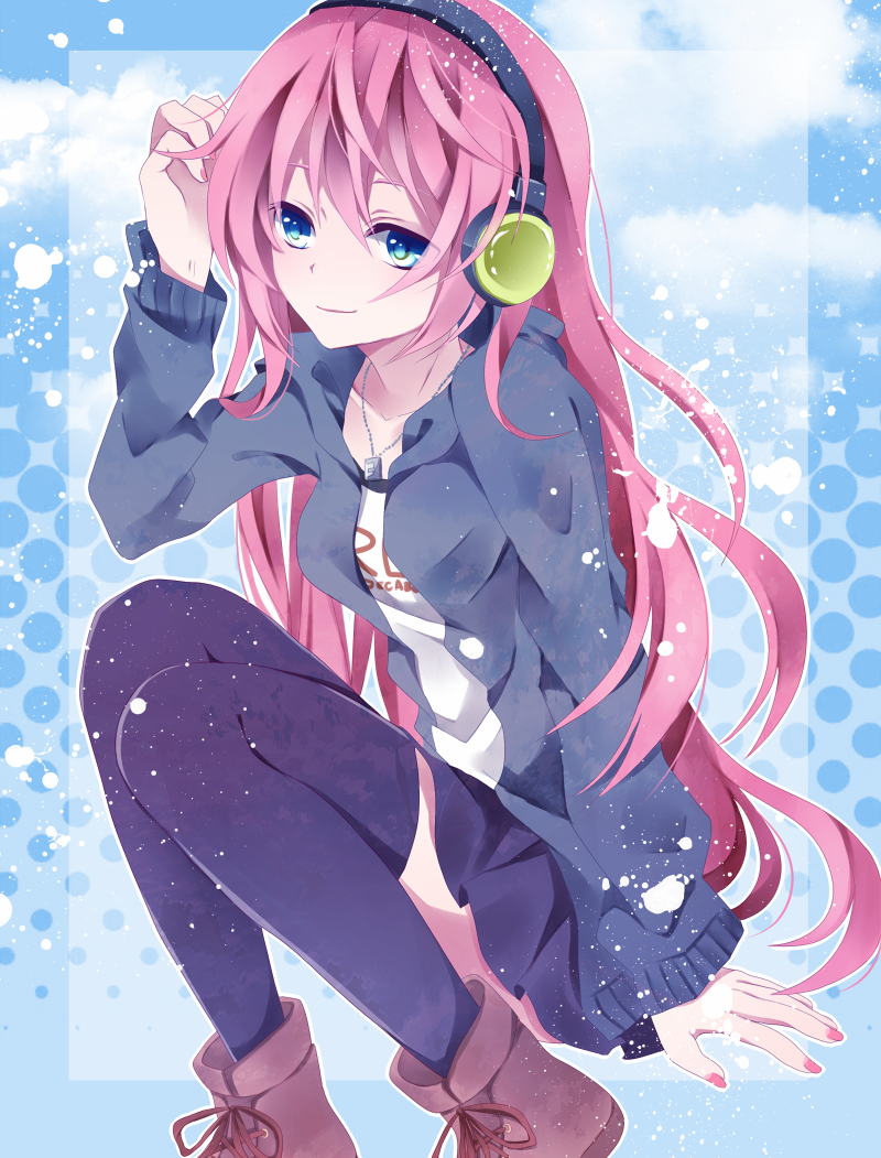bad_id, blue_eyes, headphones, kouko, long_hair, megurine_luka, nail_polish, pink_hair