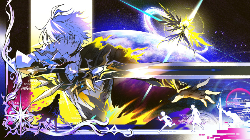 1boy, armor, black_gloves, blue_eyes, border, dill_257, fingerless_gloves, from_side