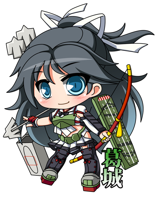 1girl, black_thighhighs, blue_eyes, blush, bow_(weapon), character_name, chibi, chibi_only