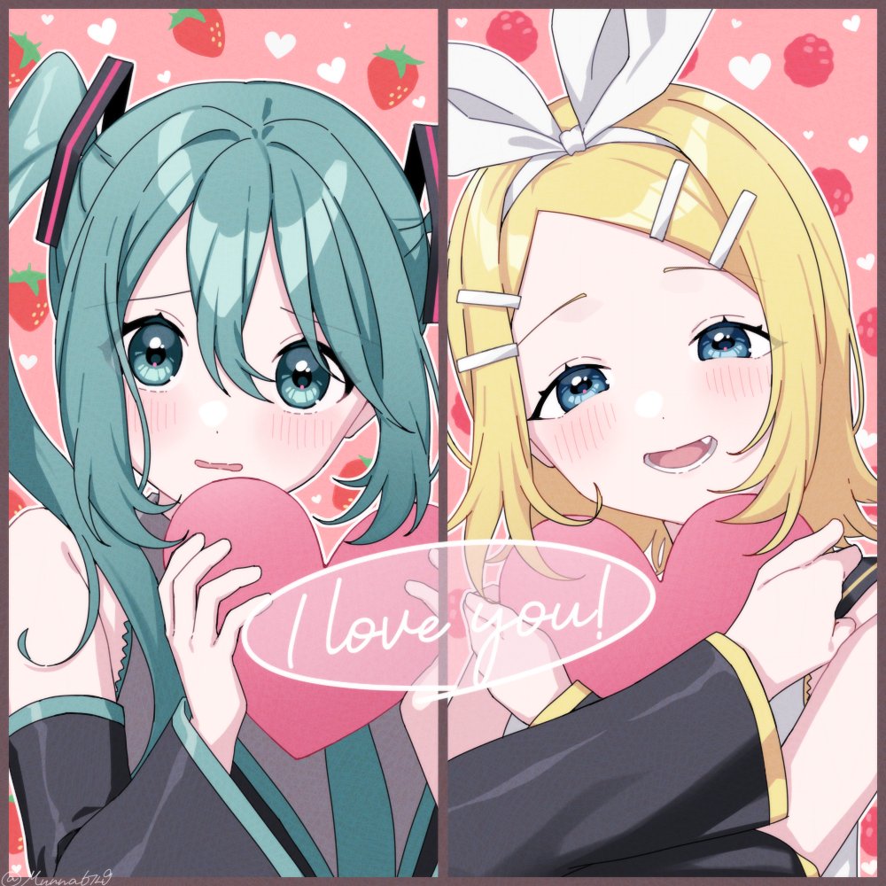 2girls, aqua_eyes, aqua_hair, aqua_necktie, bare_shoulders, black_sailor_collar, black_sleeves, blonde_hair