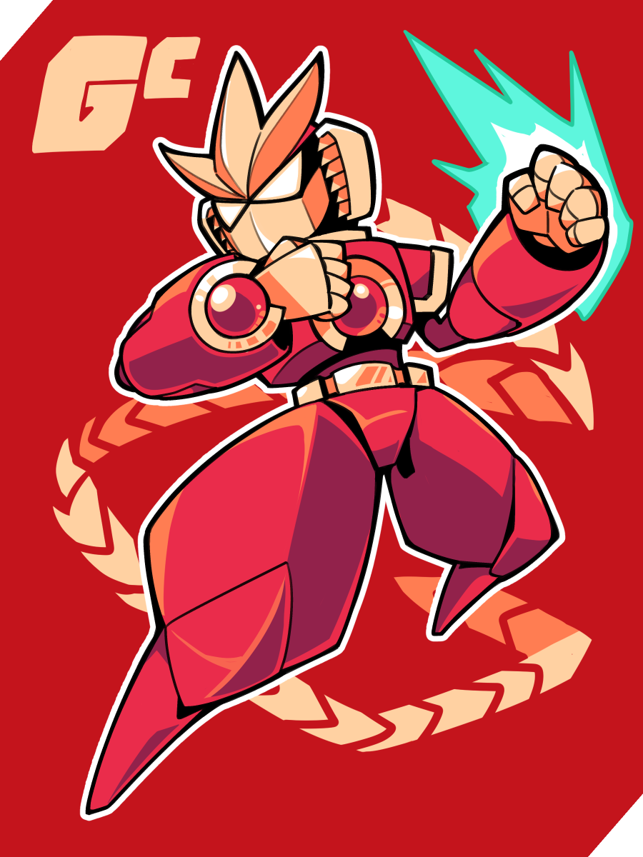 1boy, armor, clenched_hands, commentary_request, full_body, gravity_circuit, helmet, highres, ini_(inunabe00), kai_(gravity_circuit), male_focus, outline, red_armor, red_background, solo, tagme, white_outline