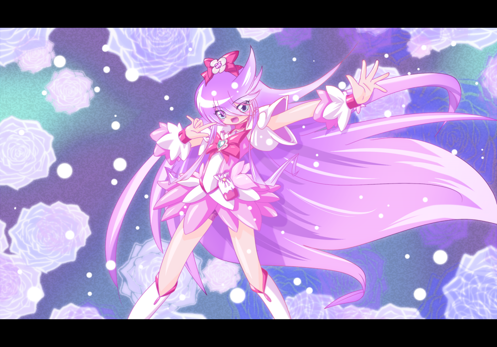 \m/, blue_eyes, boots, bow, brooch, cosplay, cure_blossom, cure_blossom_(cosplay)