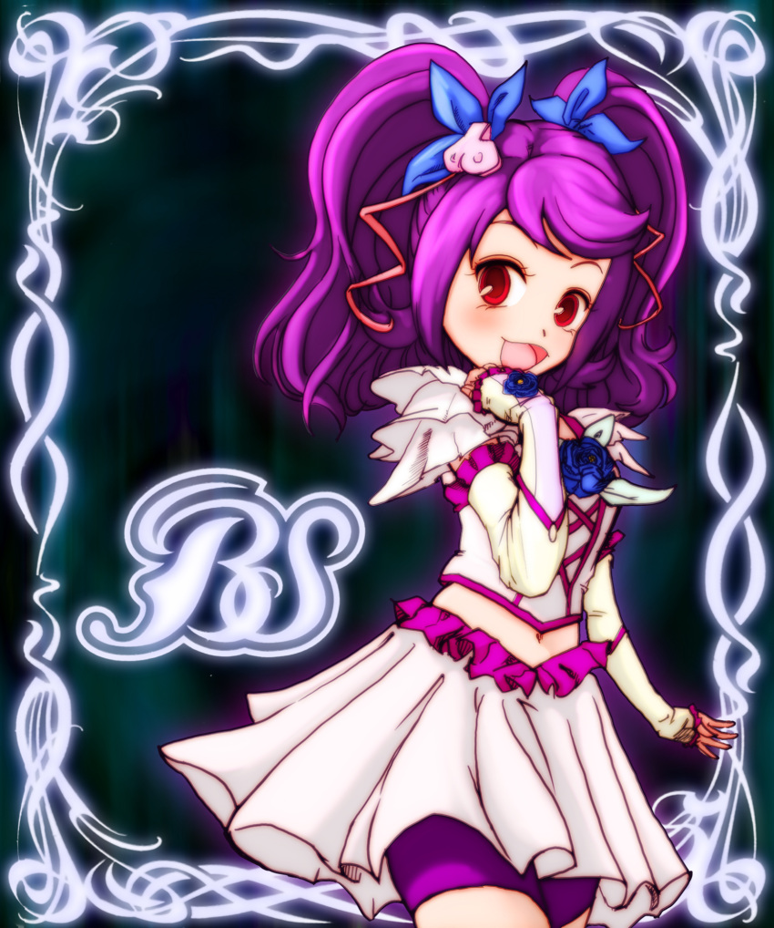 :d, battle_spirits, battle_spirits:_shounen_gekiha_dan, bike_shorts, blue_rose, cosplay, curegolgom, dress, flower, gloves, hair_ribbon, happy, highres, look-alike, milky_rose, milky_rose_(cosplay), open_mouth, precure, purple_hair, red_eyes, ribbon, rose, short_hair, shorts_under_skirt, smile, solo, two_side_up, viole_mai, yes!_precure_5