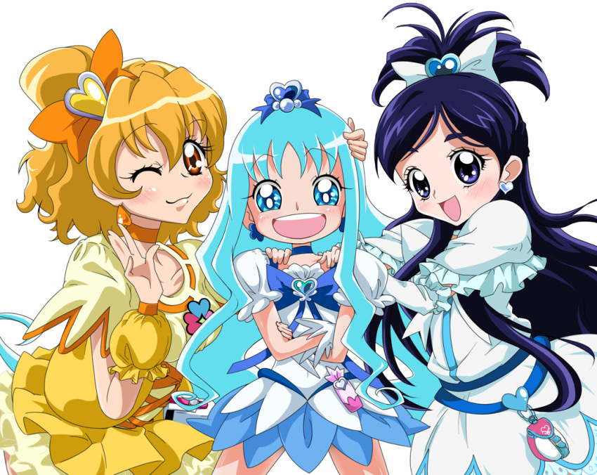 belt, black_eyes, black_hair, blue_eyes, blue_hair, blush, bow, brooch