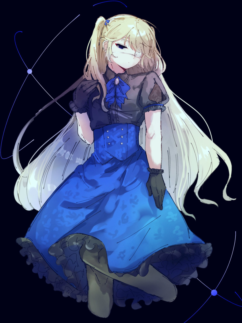 1boy, arm_at_side, black_background, black_eyes, black_gloves, black_pantyhose, black_shirt, blue_bow