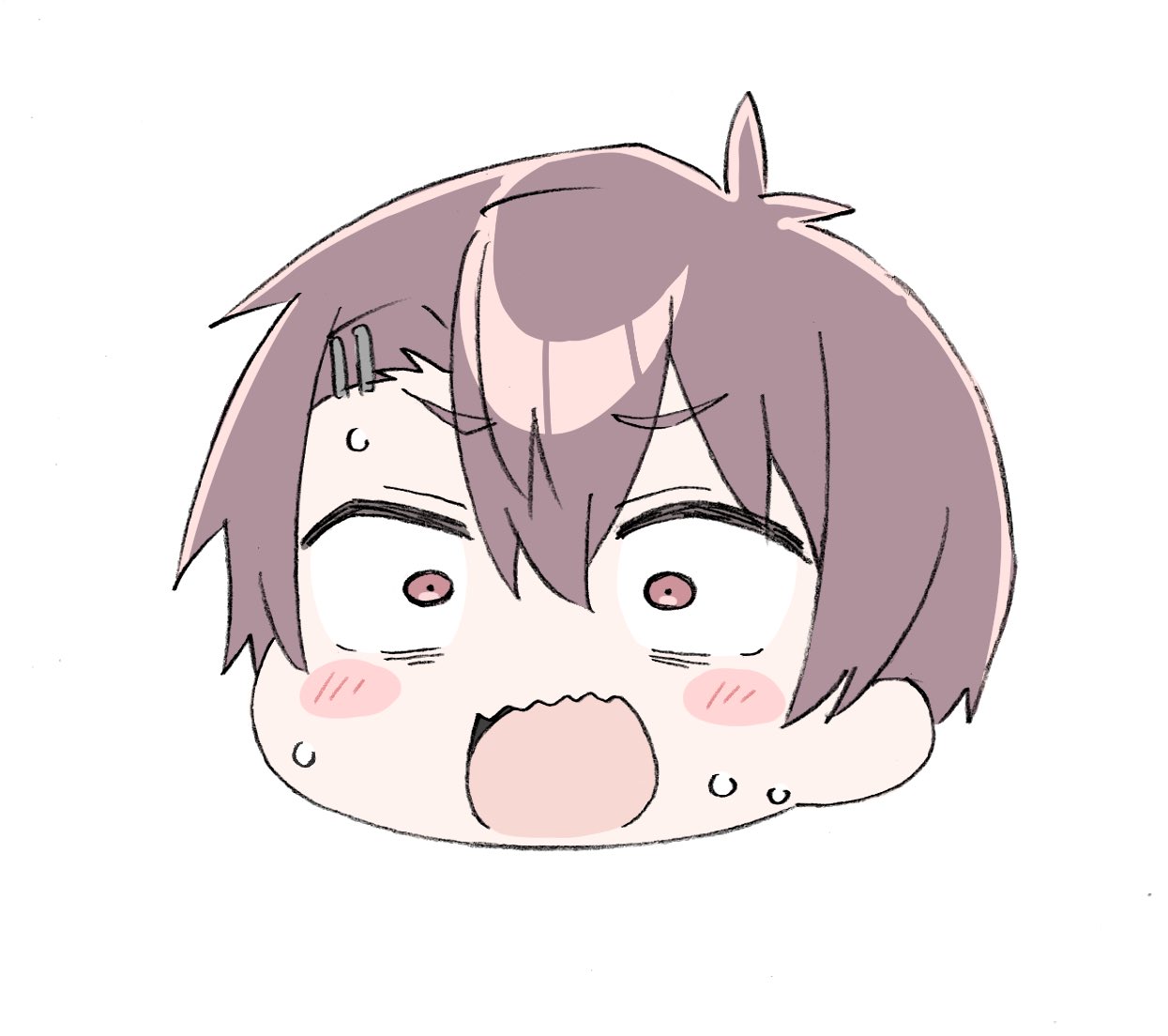 1boy, abikura_akihito, blush, brown_eyes, brown_hair, commentary_request, fuusuke_(fusuke208), hair_between_eyes, hair_ornament, hairclip, male_focus, open_mouth, short_hair, solo, sweat, wavy_mouth, yowa_yowa_sensei