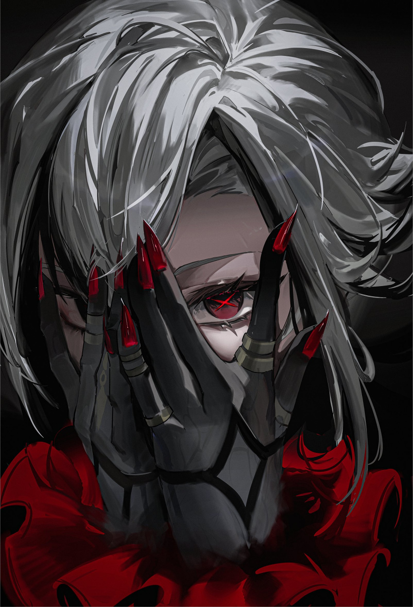 1girl, arlecchino_(genshin_impact), black_eyes, black_hands, black_streaks, coat, colored_extremities, commentary