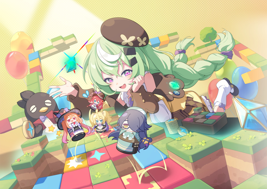 balloon, bare_shoulders, beret, braid, dress, green_hair, hair_ornament, hat