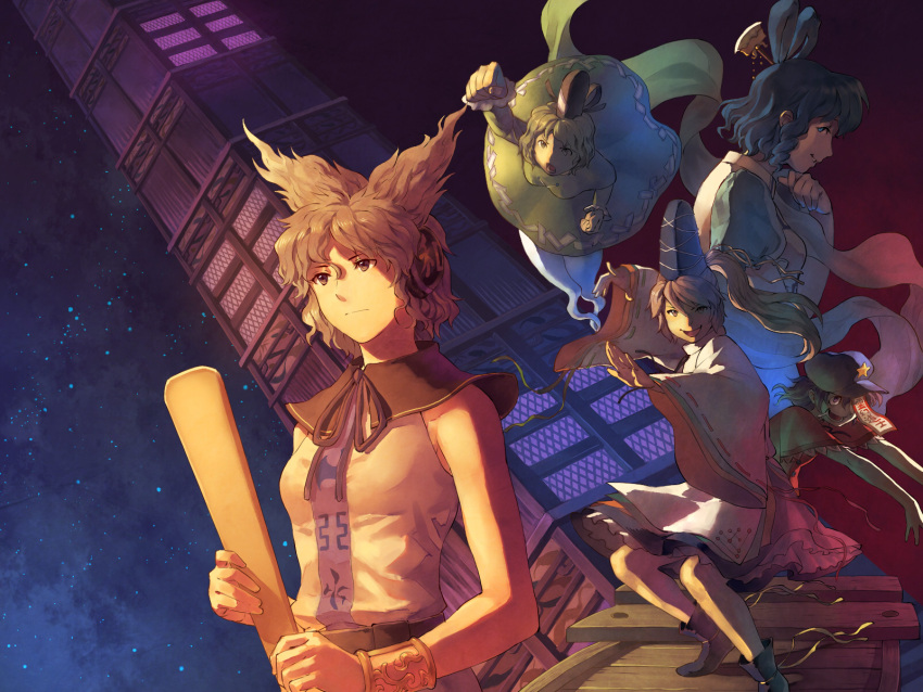 blue_eyes, boat, bracelet, brown_hair, earmuffs, ghost, green_hair, grey_hair, hair_stick, hat, headphones, highres, japanese_clothes, jewelry, jiang_shi, jiangshi, kaku_seiga, kariginu, miyako_yoshika, mononobe_no_futo, multiple_girls, ofuda, om_(carbohydratism), outstretched_arms, ponytail, ritual_baton, shawl, short_hair, soga_no_tojiko, tate_eboshi, touhou, toyosatomimi_no_miko, wide_sleeves, zombie_pose