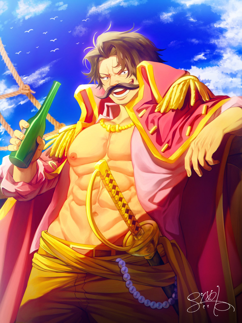 1boy, abs, bird, black_hair, bottle, clouds, coat, coat_on_shoulders