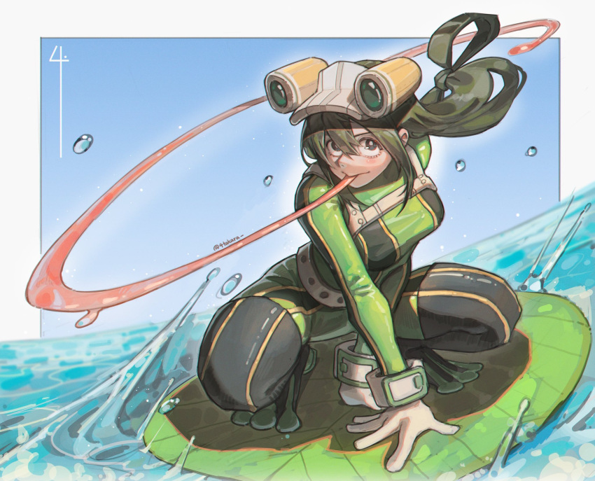 asui_tsuyu, blue_sky, bodysuit, boku_no_hero_academia, border, breasts, closed_mouth, commentary, flippers, frog_girl, frog_tongue, gloves, goggles, goggles_on_head, green_bodysuit, green_eyes, hair_between_eyes, hat, highres, lily_pad, long_hair, long_tongue, looking_at_viewer, medium_breasts, multicolored_bodysuit, outside_border, shitakara4, sky, squatting, tongue, twitter_username, very_long_tongue, visor_cap, water, water_drop, white_border, white_gloves, white_hat