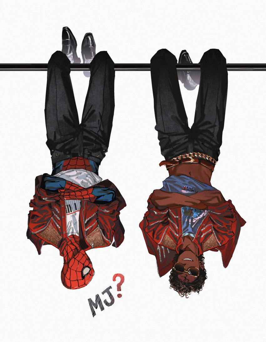 2boys, absurdres, animal_print, blue_bodysuit, bodysuit, commentary, highres, iamspidermam