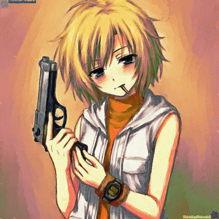 1girl, beretta_92, blonde_hair, commission, english_commentary, grey_eyes, gun, handgun