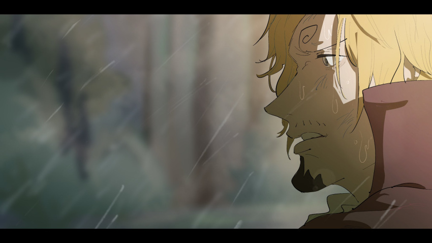 1boy, blonde_hair, close-up, commentary, courtneyemmet, curly_eyebrows, facial_hair, goatee, high_collar, highres, looking_ahead, male_focus, mustache, one_piece, rain, sanji_(one_piece), short_hair, solo
