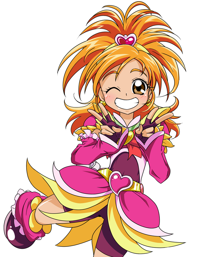 belt, bike_shorts, boots, brown_eyes, brown_hair, cure_bloom, dress, futari_wa_precure_splash_star