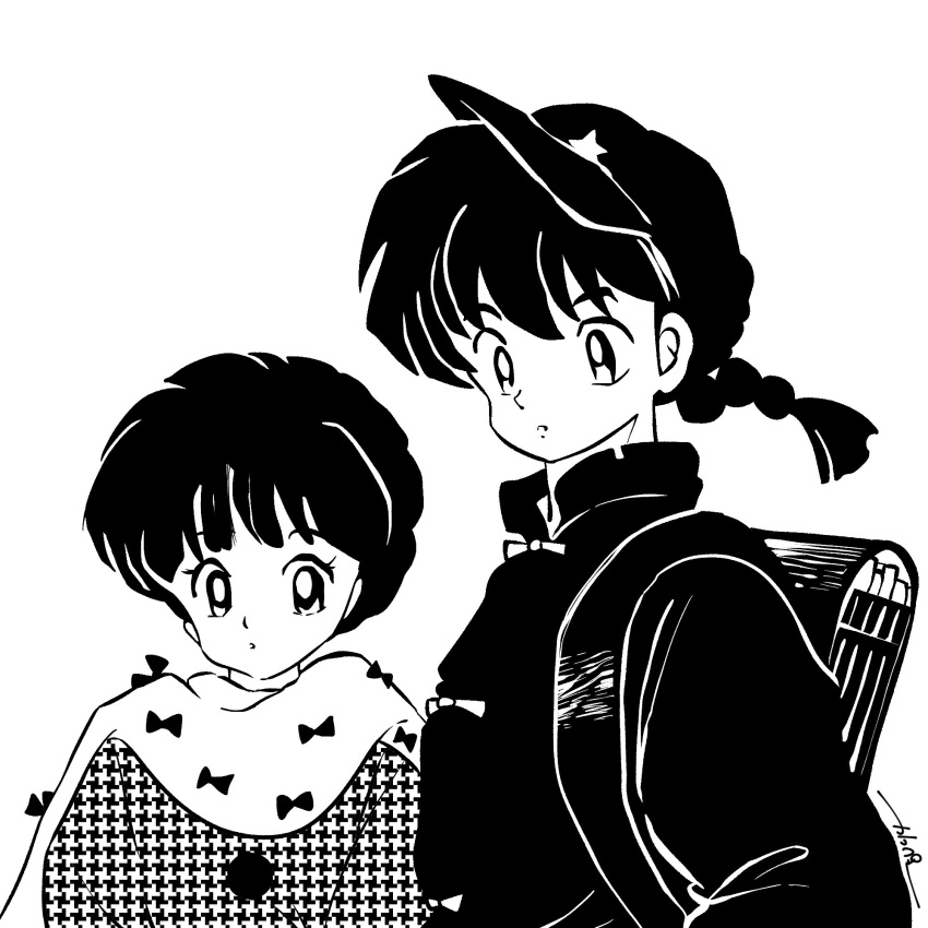 1boy, 1girl, backpack, bag, braid, chinese_clothes, closed_mouth, commentary_request