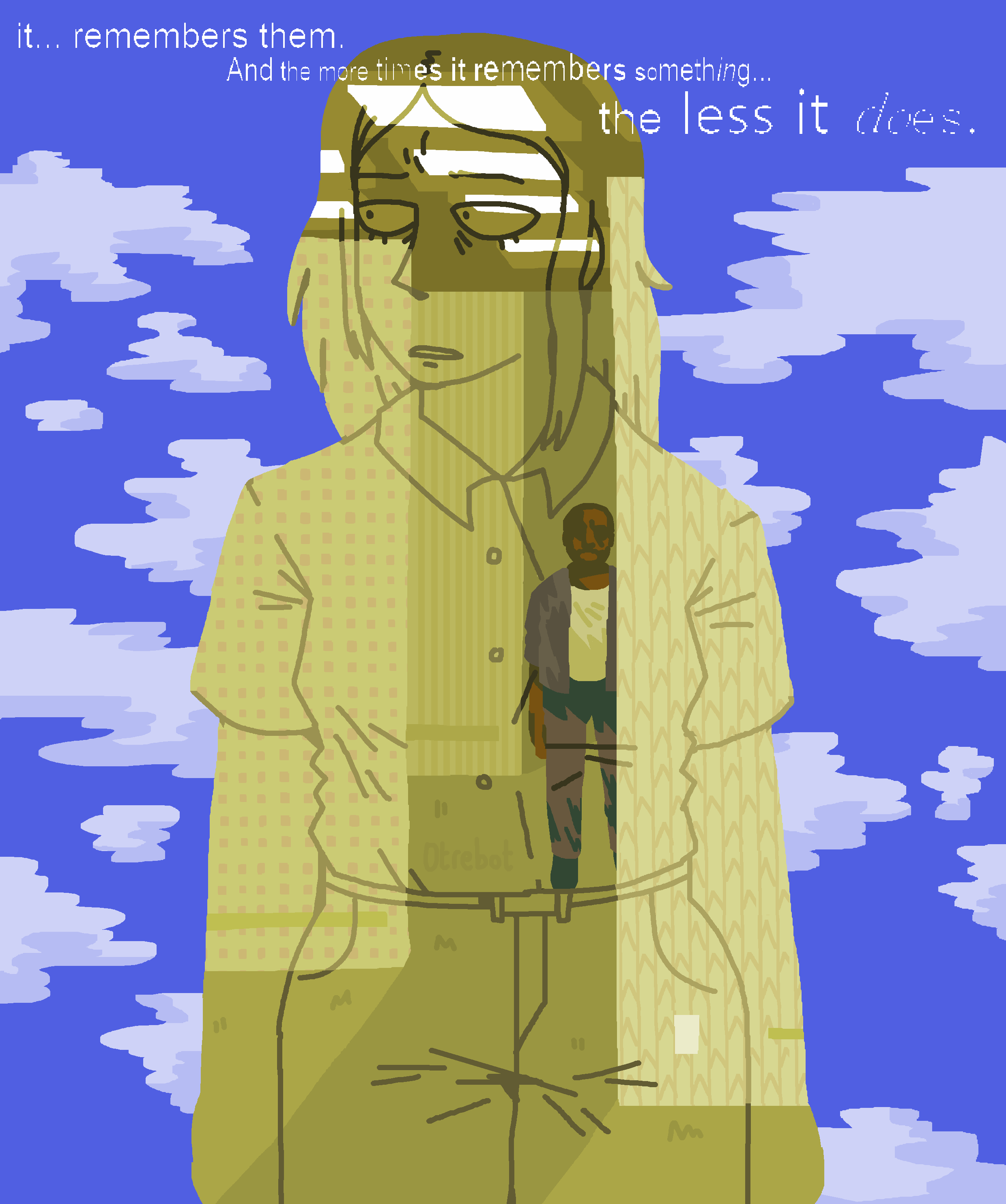 1boy, 1girl, absurdres, backrooms_(2026_film), backrooms_(creepypasta), black_hair, blue_jacket, blue_pants, blue_sky, ceiling_light, clark_(backrooms), clouds, cowboy_shot, dark-skinned_male, dark_skin, english_text, facial_hair, full_body, highres, jacket, looking_to_the_side, mary_kline, medium_hair, open_mouth, otrebot, pants, shirt, short_sleeves, sidelocks, sky, standing, wallpaper_(object), white_shirt