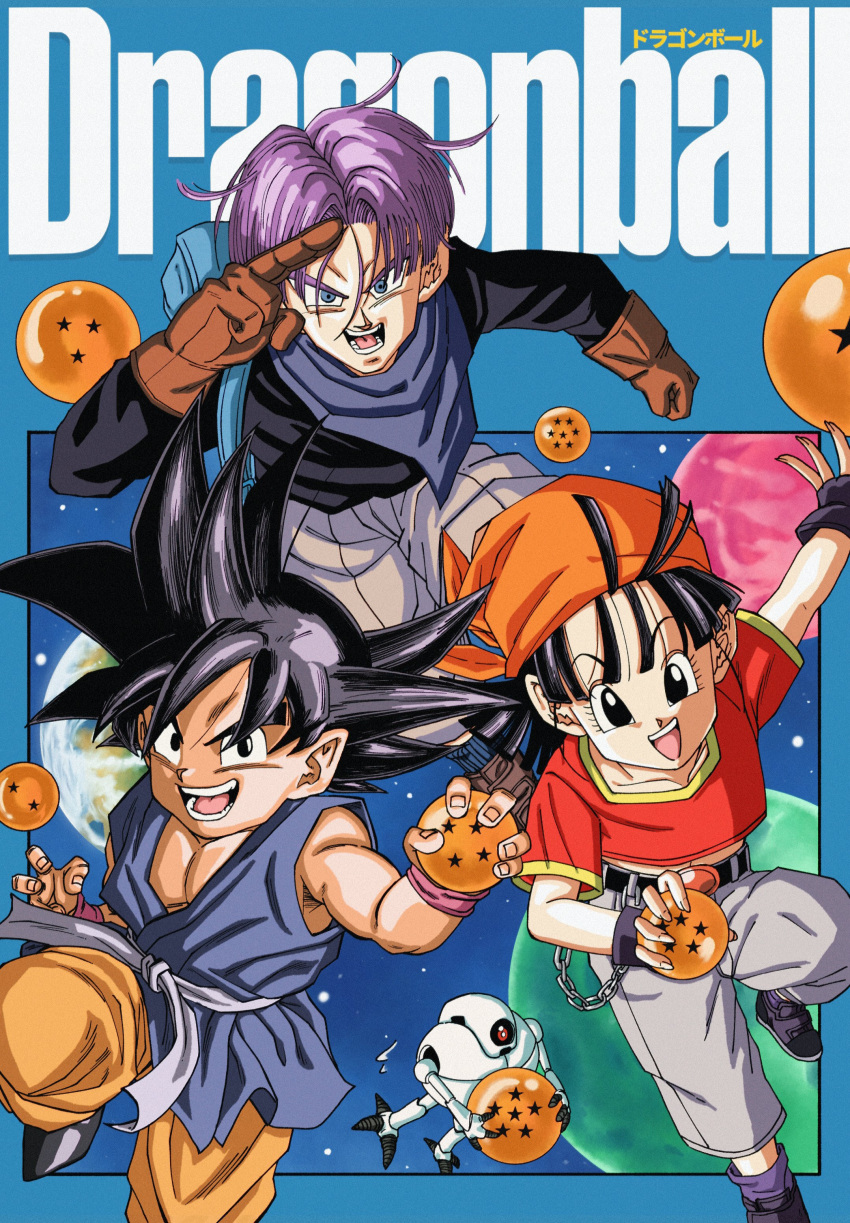1girl, 2boys, absurdres, aqua_eyes, bandana, black_eyes, black_hair, brown_gloves