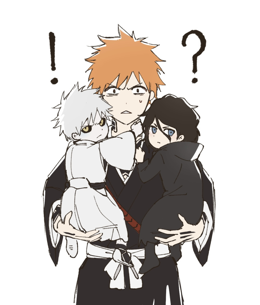 !?, 1boy, aged_down, black_hair, black_sclera, bleach, blue_eyes, carrying