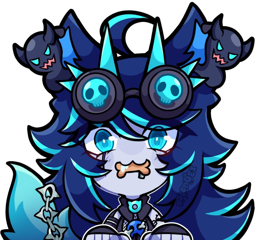 1girl, animal_ears, blue_eyes, blue_hair, blue_skin, chibi, colored_skin, colored_tips