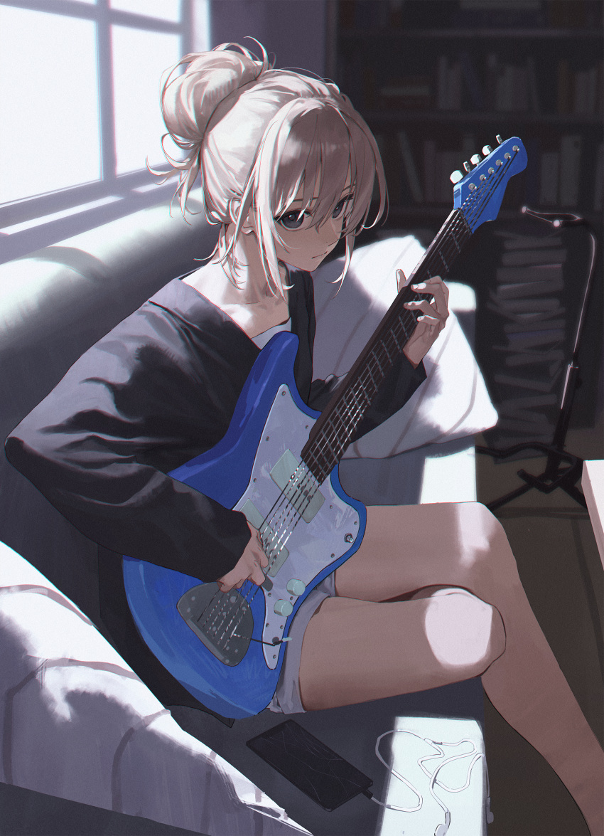 1girl, absurdres, ankle_under_leg, black_eyes, black_shirt, book, book_stack, bookshelf, brown_hair, cellphone, chinese_commentary, chromatic_aberration, closed_mouth, commentary_request, couch, earphones, electric_guitar, expressionless, fender_jazzmaster, girls_band_cry, guitar, hair_bun, highres, indoors, instrument, kawaragi_momoka, long_sleeves, looking_at_viewer, mikann_(clm_mikan), on_couch, phone, playing_guitar, playing_instrument, shirt, sidelocks, single_hair_bun, sitting, solo, window