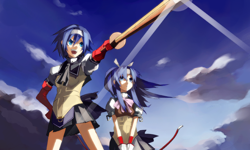 banpai_akira, big_bang_beat, big_bang_beat_revolve, blue_eyes, blue_hair, bow, bow_(weapon), cloud