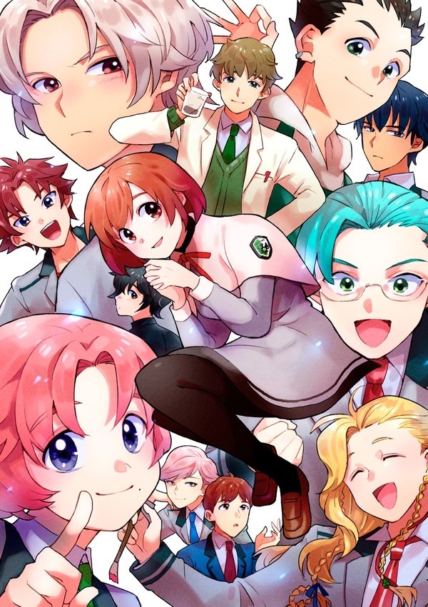1girl, 6+boys, :d, akagi_kazuyuki, amachi_shouta, aqua_hair, black_pantyhose, blue_necktie, bob_cut, braid, brown_hair, brown_shoes, capelet, christopher_weatherfield, closed_eyes, dress, earclip, everyone, glasses, green_necktie, green_vest, grey_dress, hanegasaki_academy_school_uniform, hariya_kounoshin, hikami_itaru, holding, holding_beaker, holding_paintbrush, komori_taku, loafers, majima_tarou, masaki_motoharu, multiple_boys, necktie, osugi_illust, paintbrush, pantyhose, pink_hair, pointing, protagonist_(tokimemo_gs2), red_eyes, red_hair, red_necktie, saeki_teru, school_uniform, shiba_katsumi, shoes, short_hair, smile, spiky_hair, tokimeki_memorial, tokimeki_memorial_girl's_side, tokimeki_memorial_girl's_side_2nd_kiss, vest, violet_eyes, wakaouji_takafumi, white_capelet