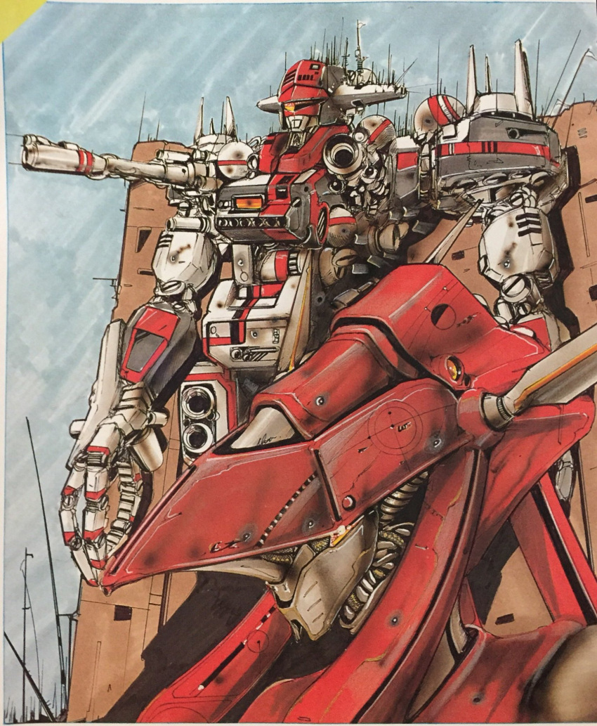 bismarck_(sei_juushi_bismarck), cannon, commentary_request, exposed_internal_machinery, flag, highres, joints, maintenance, mecha, mecha_focus, moriki_yasuhiro, no_humans, orange_eyes, original, redesign, robot, robot_joints, sei_juushi_bismarck, shoulder_cannon, standing, traditional_media