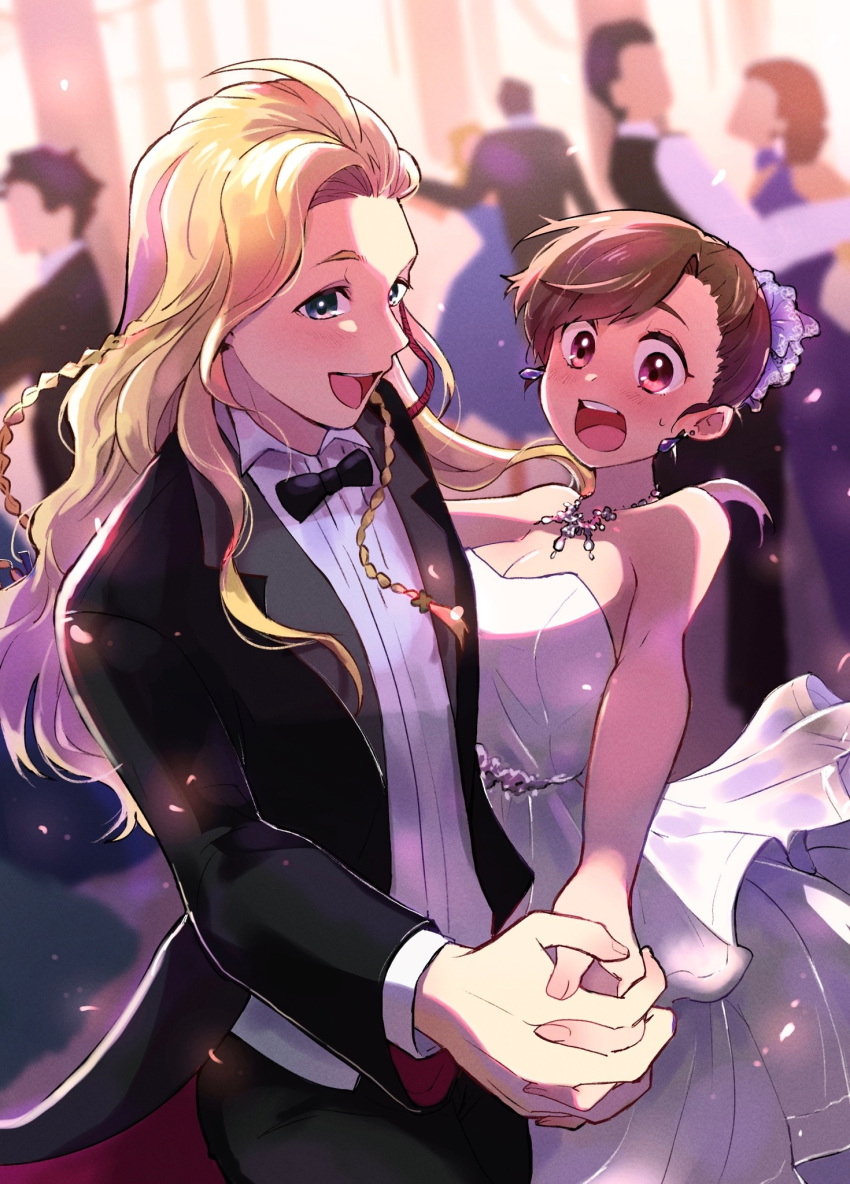 1boy, 1girl, :d, bare_shoulders, black_bow, black_bowtie, blonde_hair, blurry
