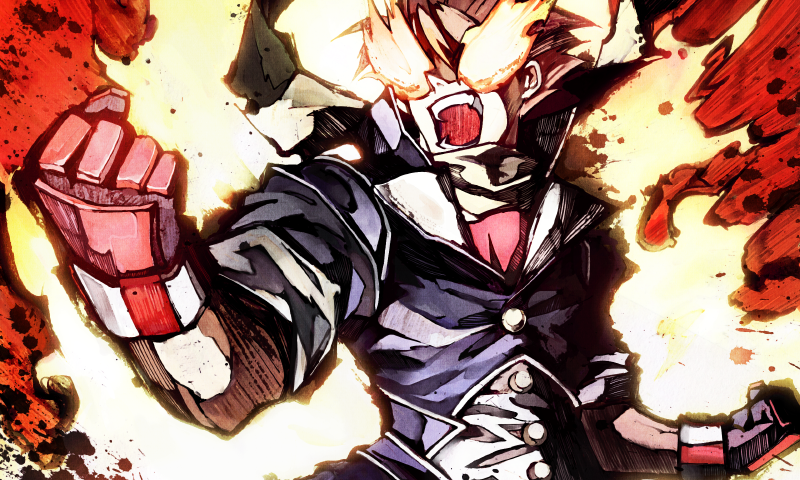 big_bang_beat, big_bang_beat_revolve, brown_hair, burning_eyes, ending, explosion, fang, gloves